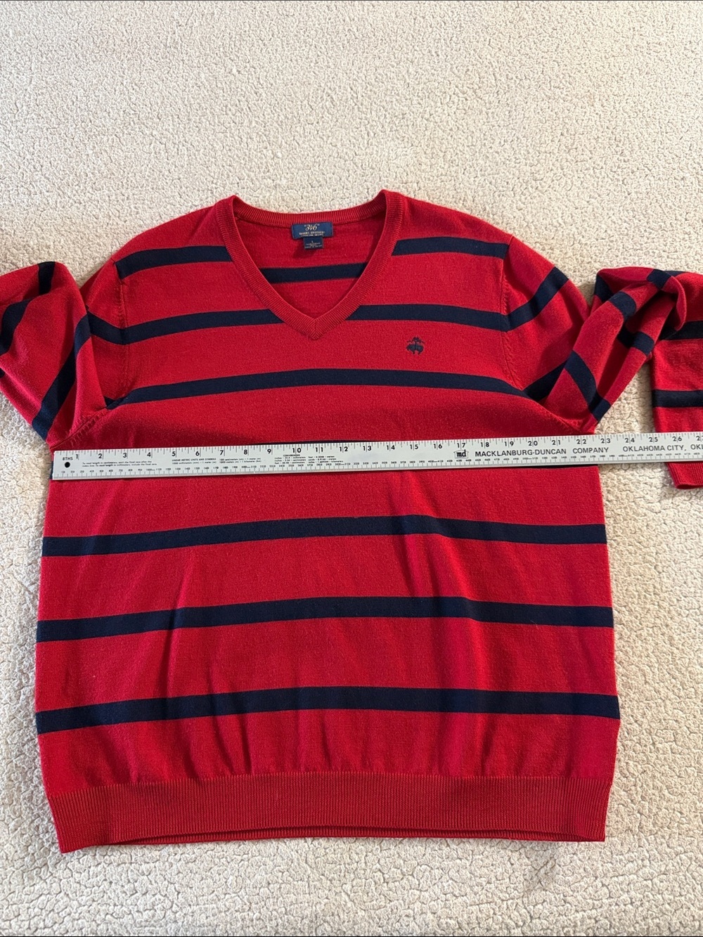 Brooks Brothers Red and Navy Striped V-Neck Sweater 100% Merino Wool Large - Picture 4 of 6